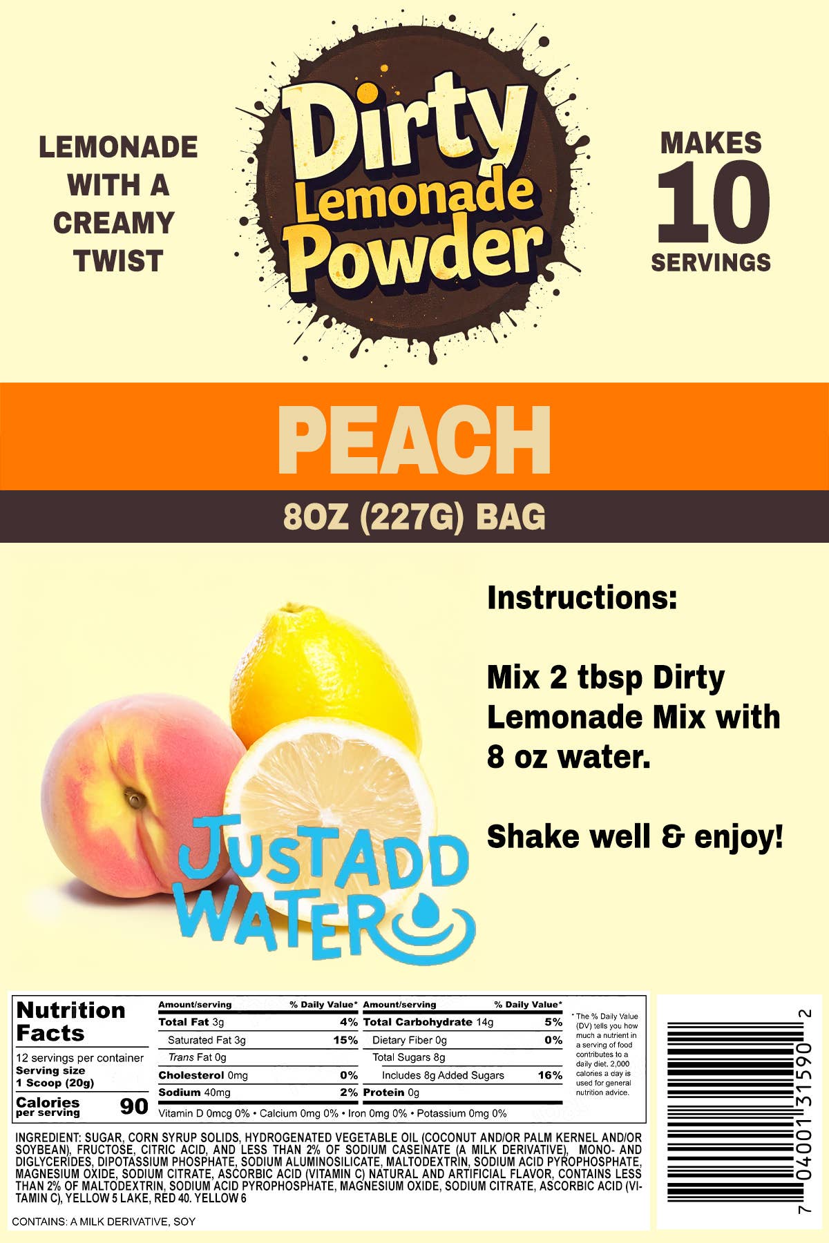 Peach Dirty Lemonade Powder - Just Add Water: 8oz Bag (10 Servings)