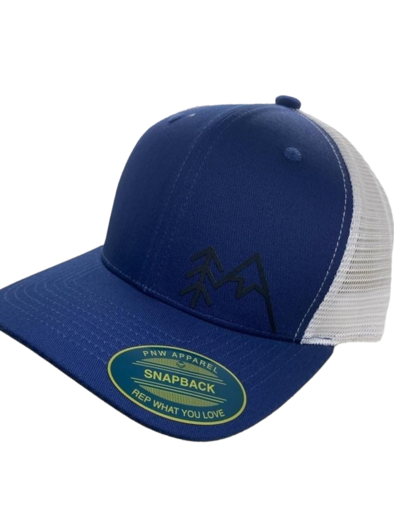 Mountains Trees Trucker Hat - Mesh Back Snapback Cap: Heather Grey on Black