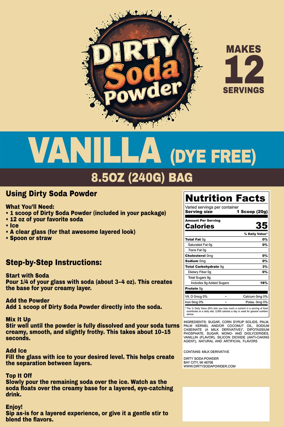 Vanilla (Dye Free)🍦 Dirty Soda Powder- All in One Soda Mix: Retail Bag (8.5 oz / 12 Servings)