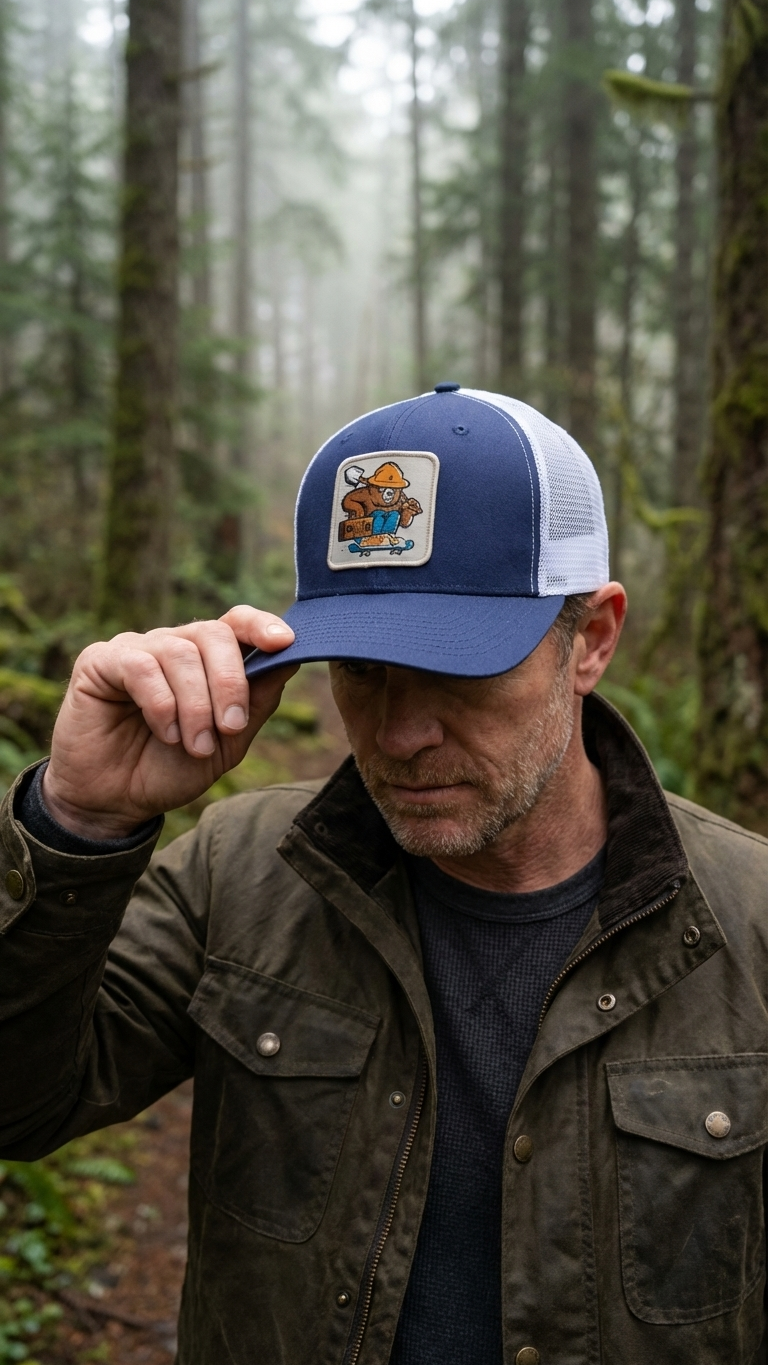 Smokey The Bear Hat - Trucker Snapback Mesh Back: Brown on Khaki