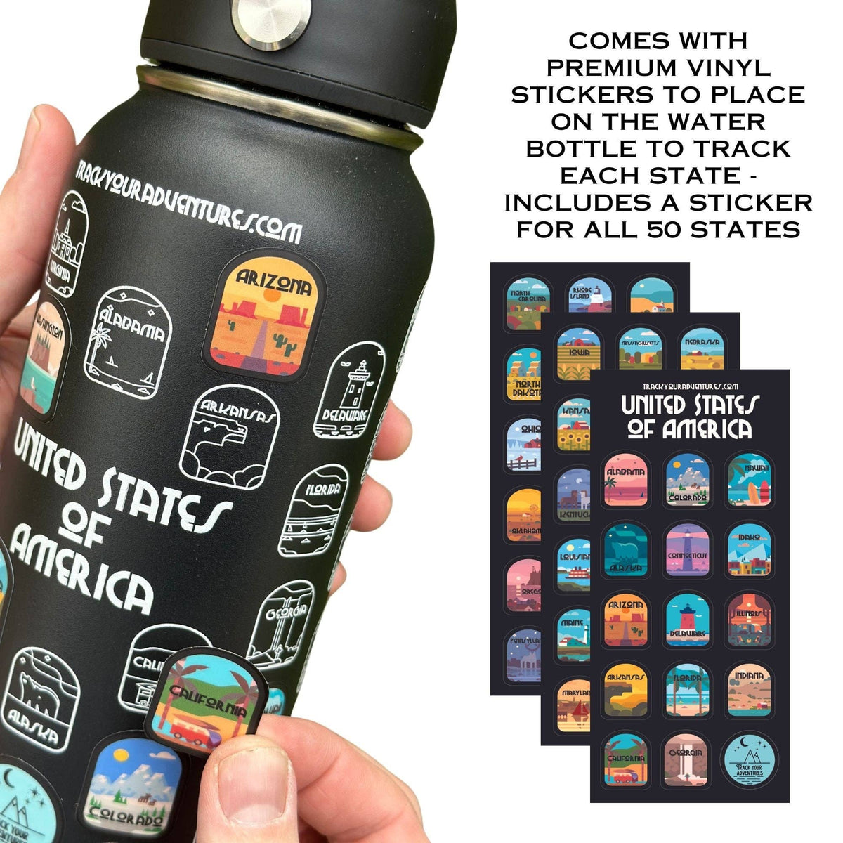 50 States Water Bottle with Stickers: Black