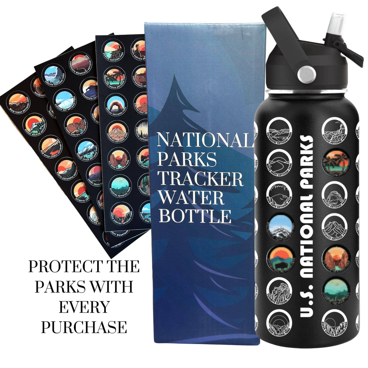 USA & National Park Tracker Water Bottles – 32 oz : White Nat. Parks