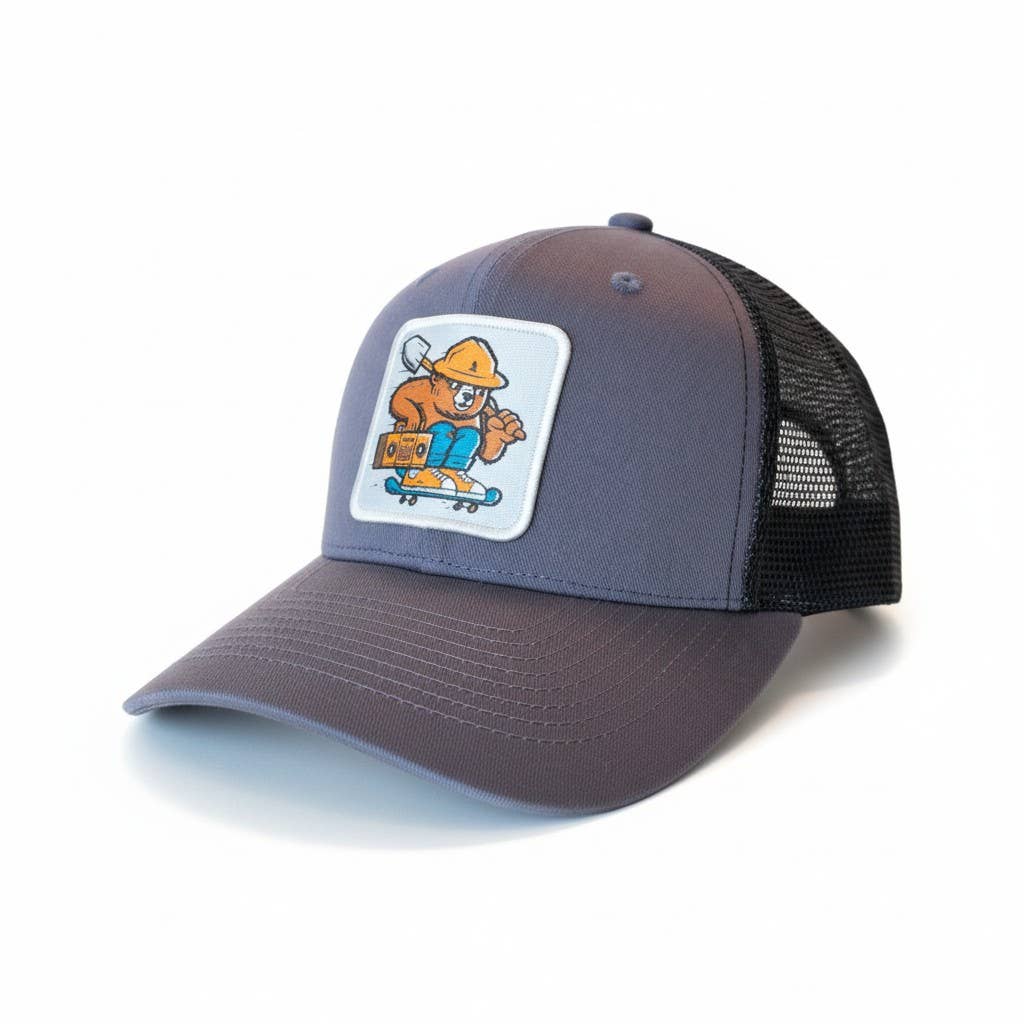 Smokey The Bear Hat - Trucker Snapback Mesh Back: Navy Blue on White Mesh