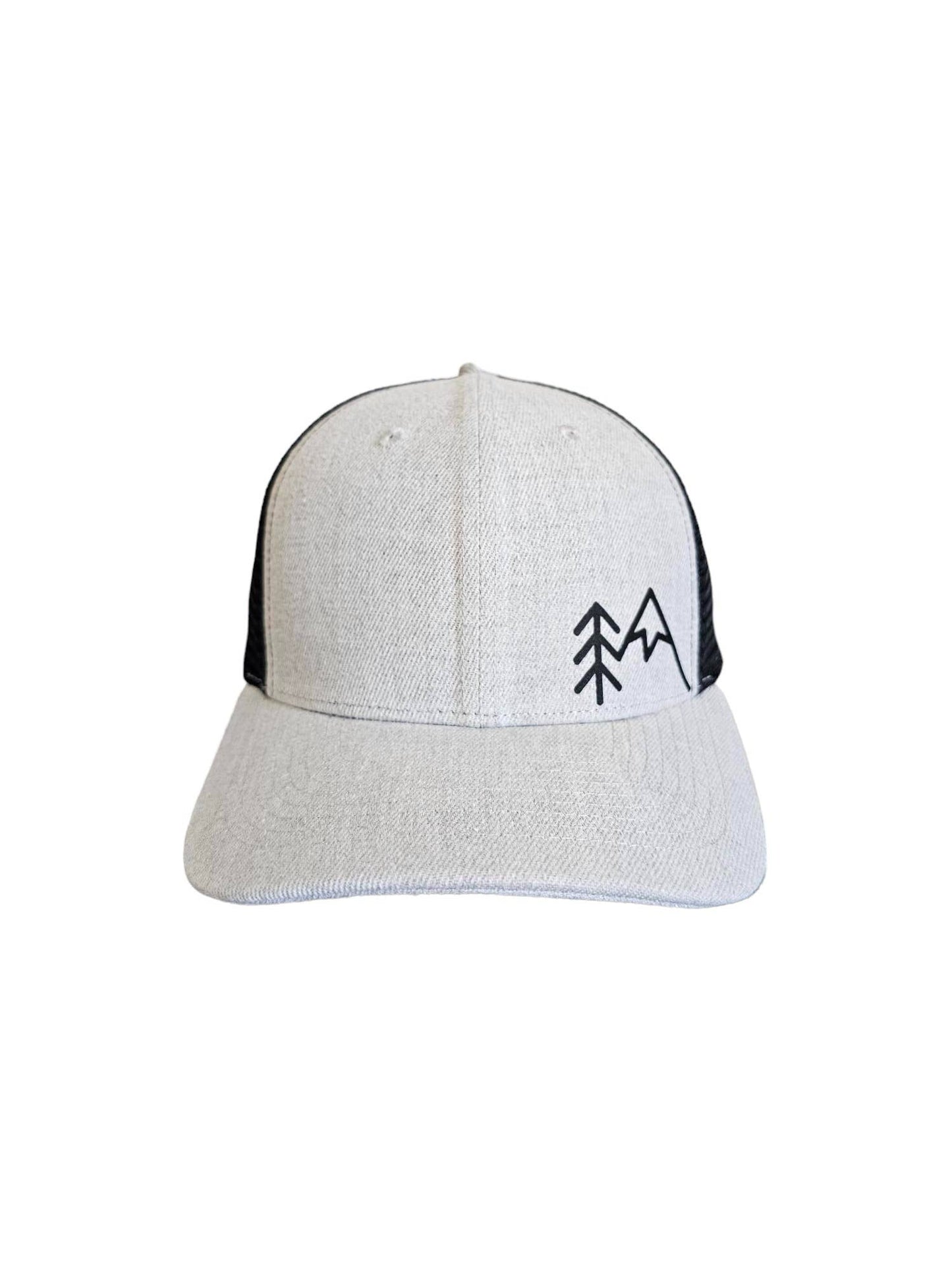 Mountains Trees Trucker Hat - Mesh Back Snapback Cap: Heather Grey on Black