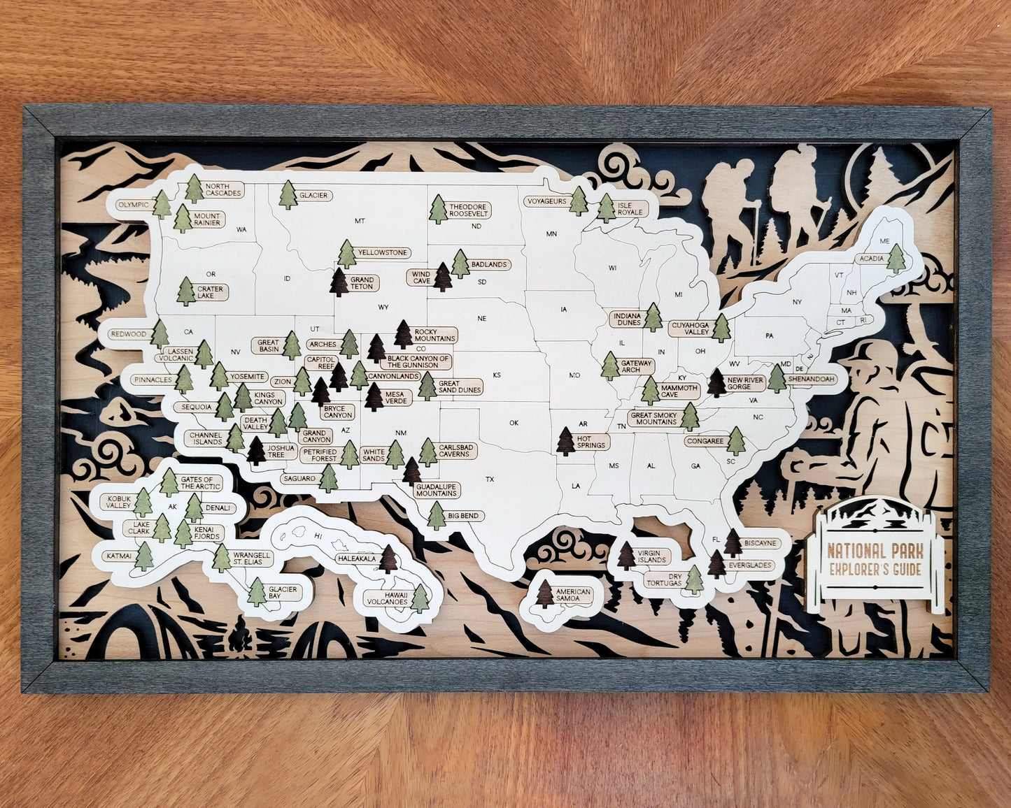 US National Park Map Hiking Background with Tree Markers