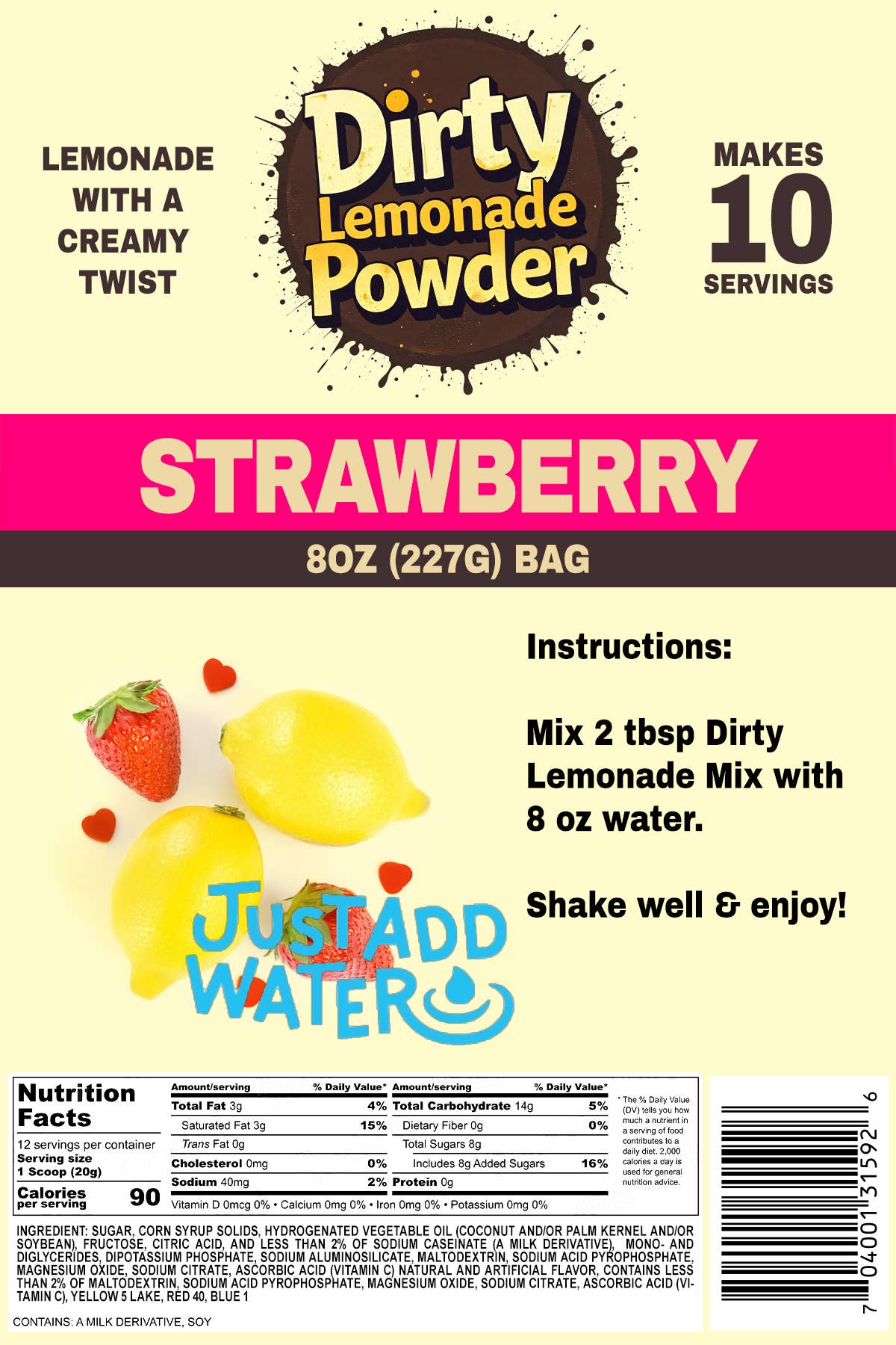 Strawberry Dirty Lemonade Powder - Just Add Water: 8oz Bag (10 Servings)