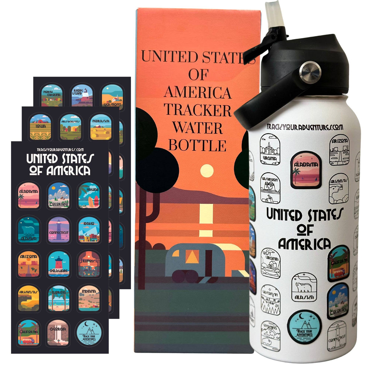 USA & National Park Tracker Water Bottles – 32 oz : Black Nat. Parks