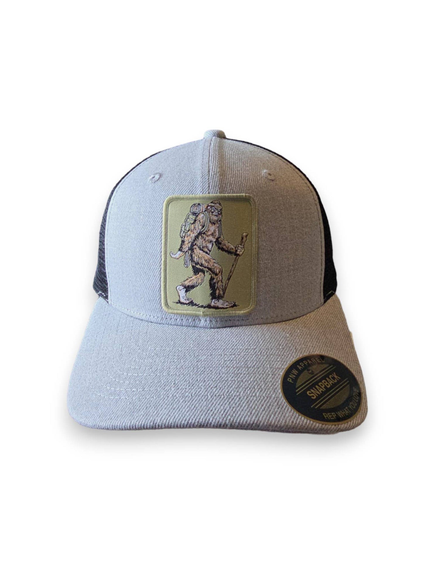 Sasquatch Trucker Hat: Grey on Black Mesh