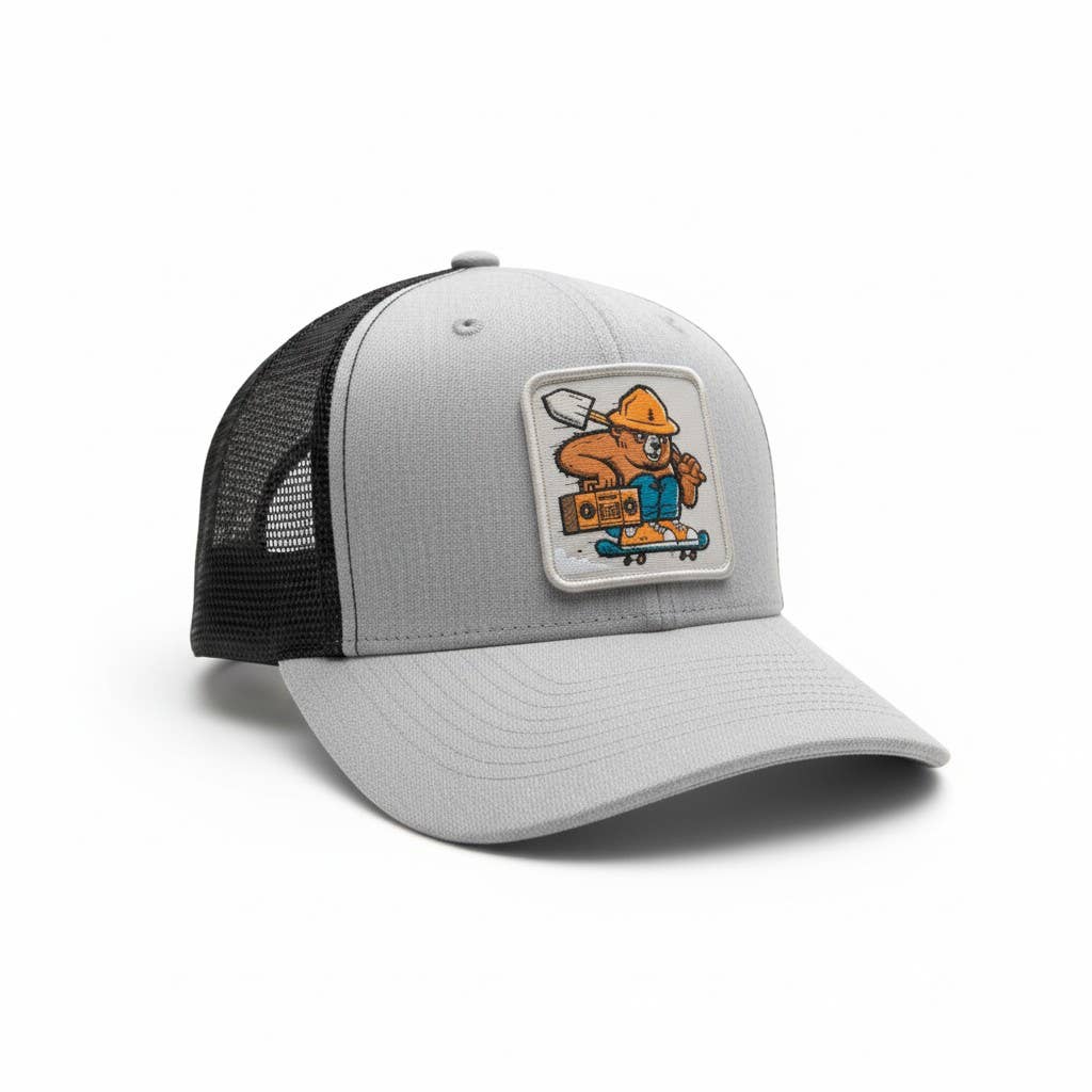 Smokey The Bear Hat - Trucker Snapback Mesh Back: Navy Blue on White Mesh