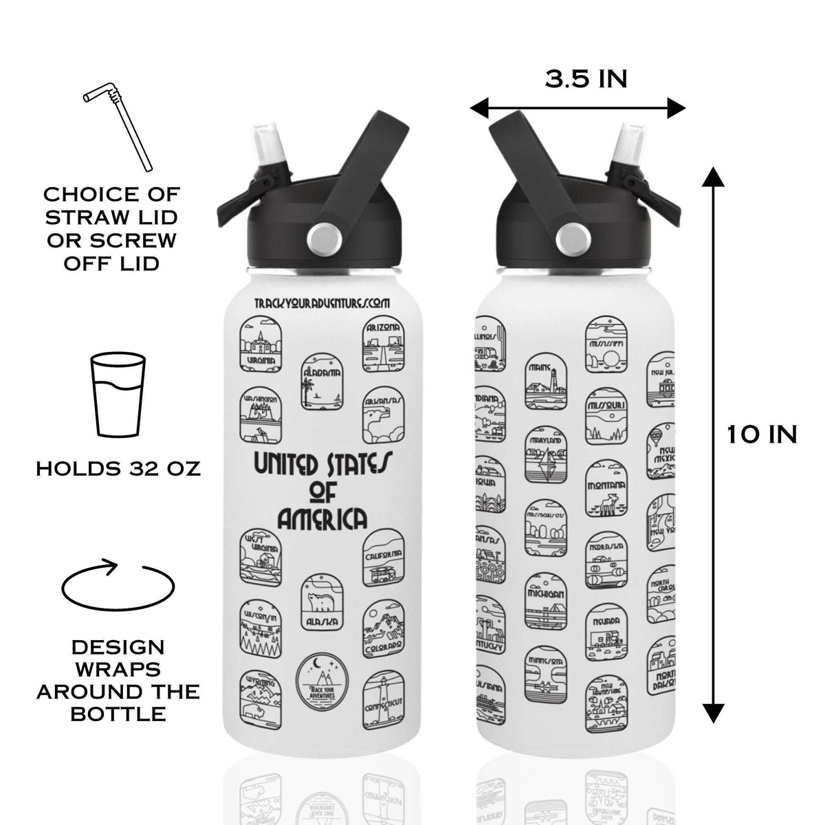 50 States Water Bottle with Stickers: Black