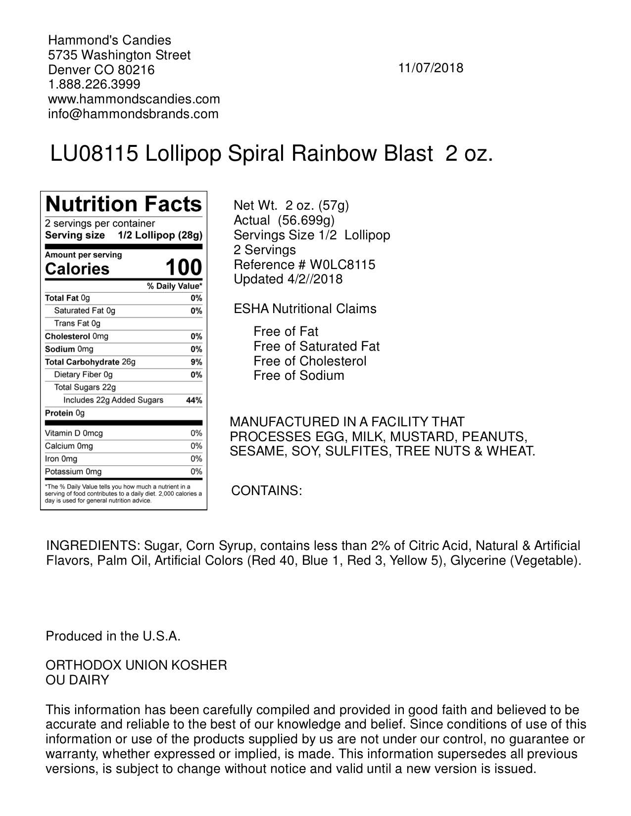 Handmade Spiral Lollipop - Rainbow Blast Fruit Punch - 2 oz