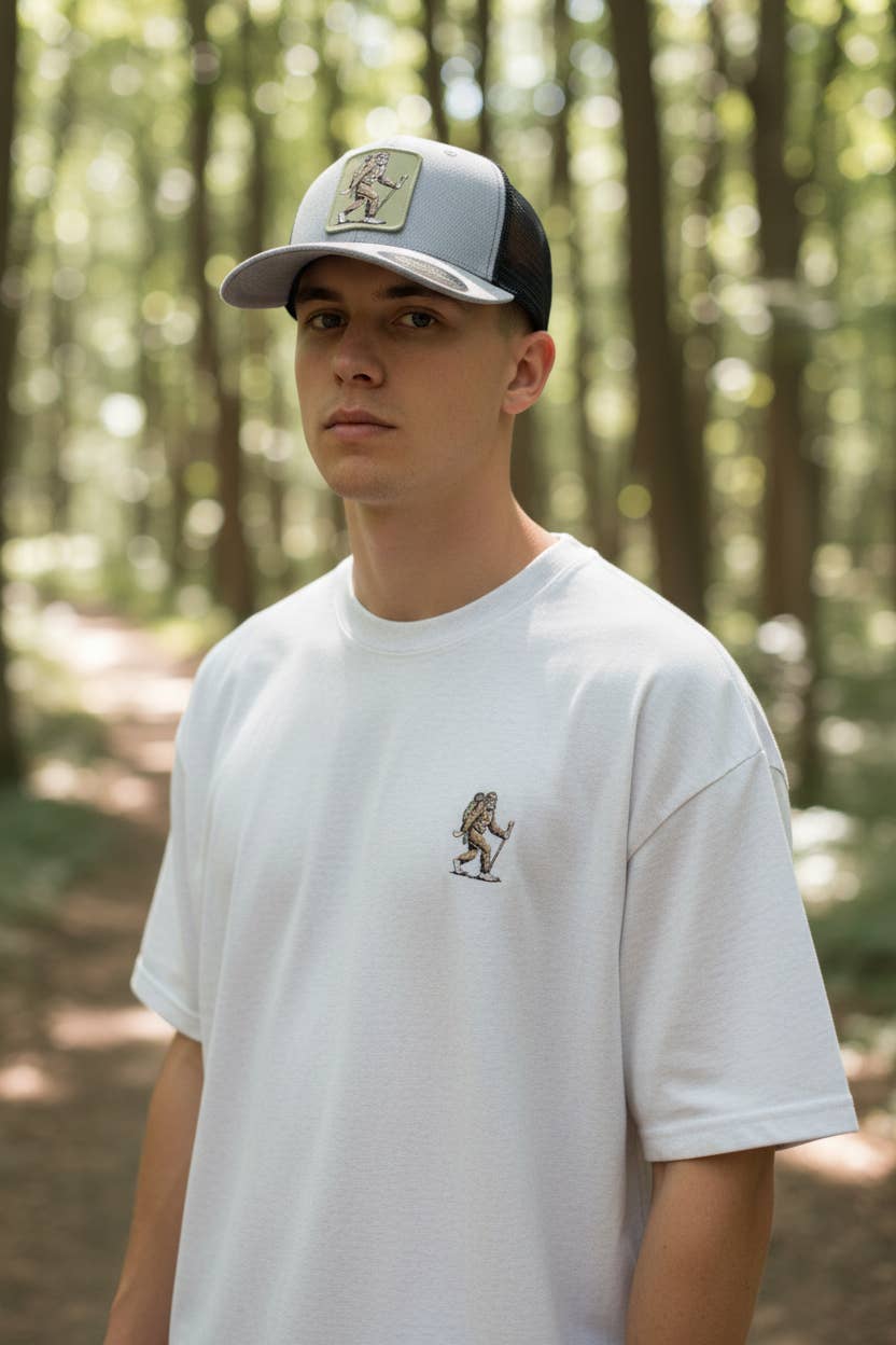 Sasquatch Trucker Hat: Grey on Black Mesh