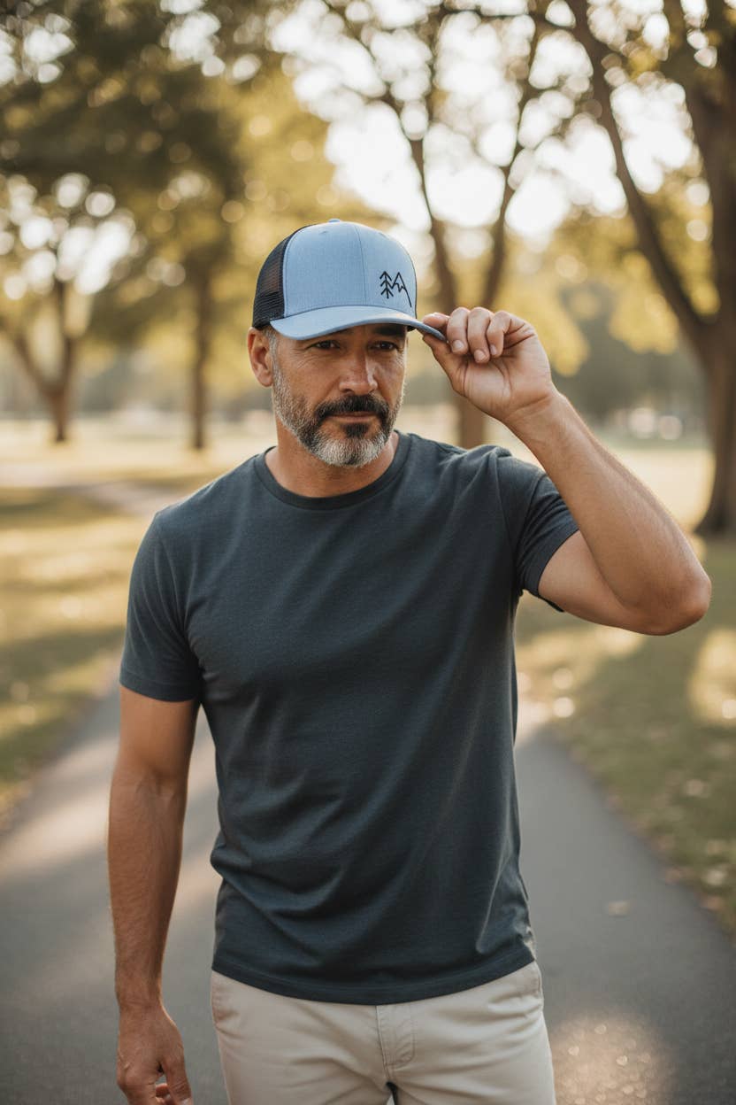 Mountains Trees Trucker Hat - Mesh Back Snapback Cap: Heather Grey on Black