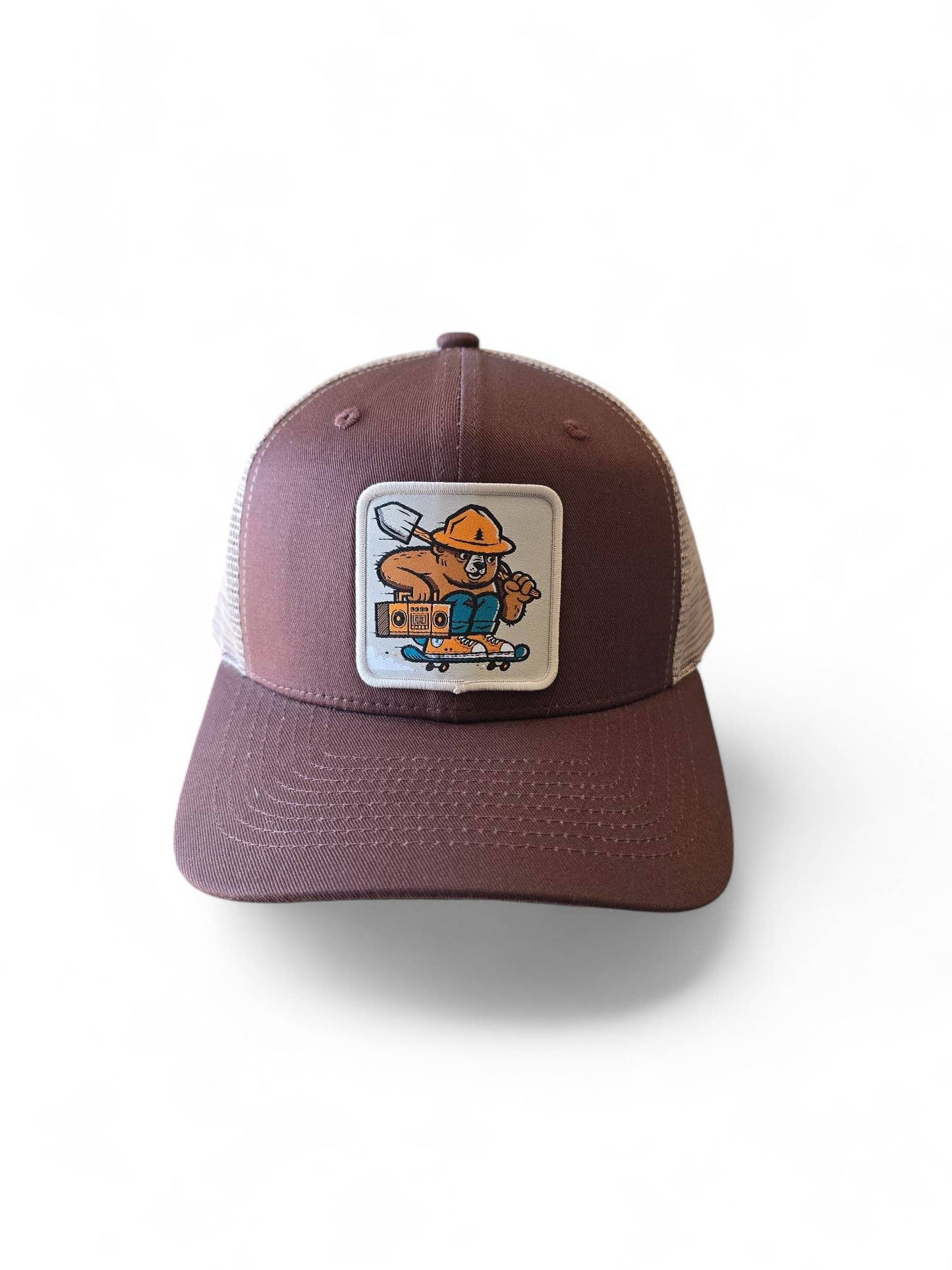 Smokey The Bear Hat - Trucker Snapback Mesh Back: Brown on Khaki