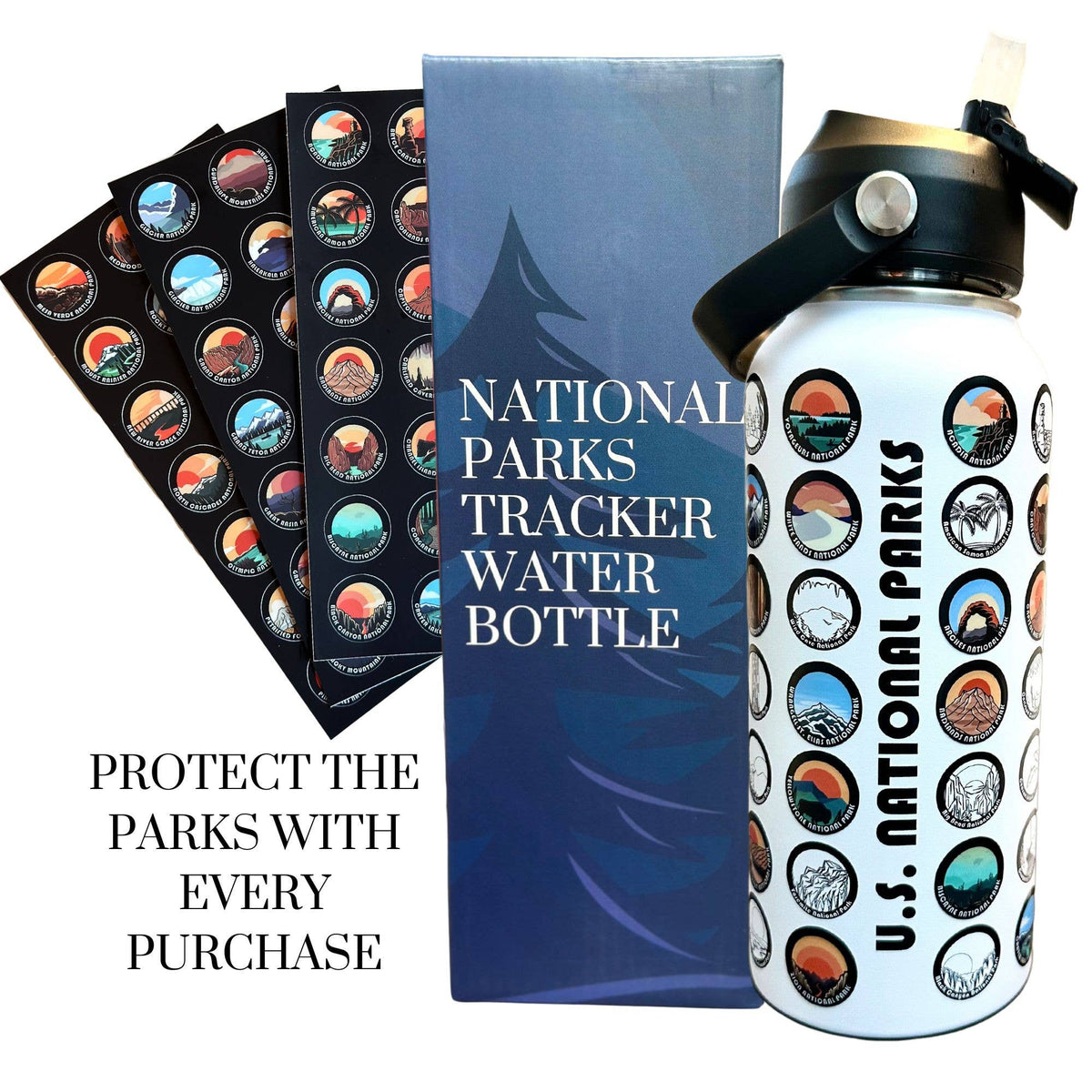 USA & National Park Tracker Water Bottles – 32 oz : White Nat. Parks
