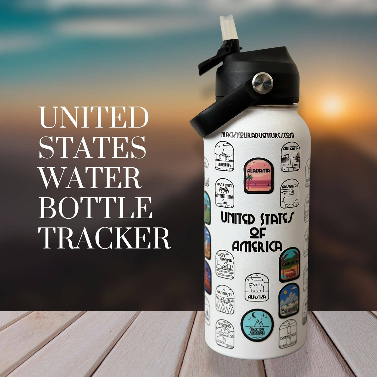 50 States Water Bottle with Stickers: Black