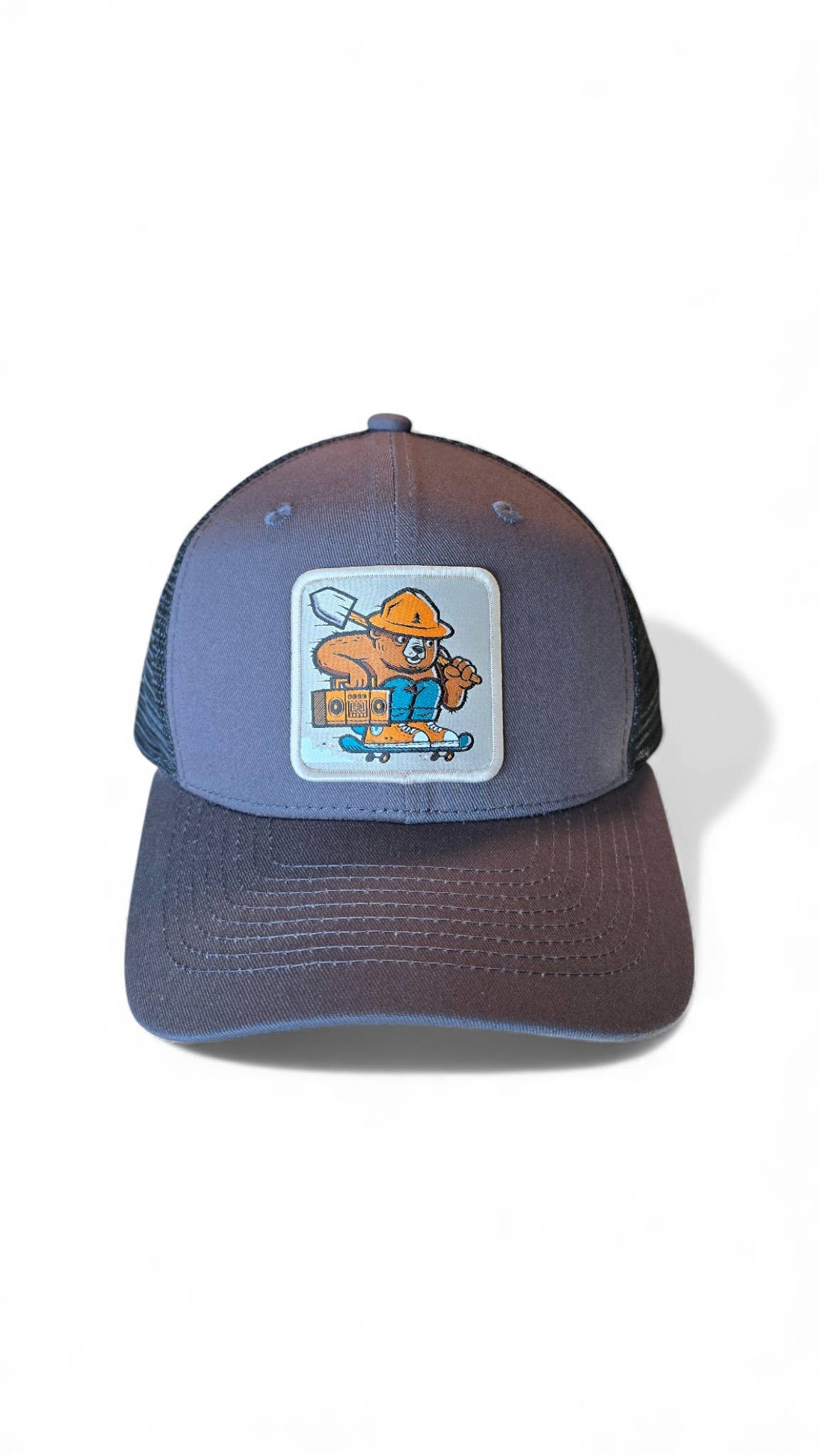Smokey The Bear Hat - Trucker Snapback Mesh Back: Navy Blue on White Mesh
