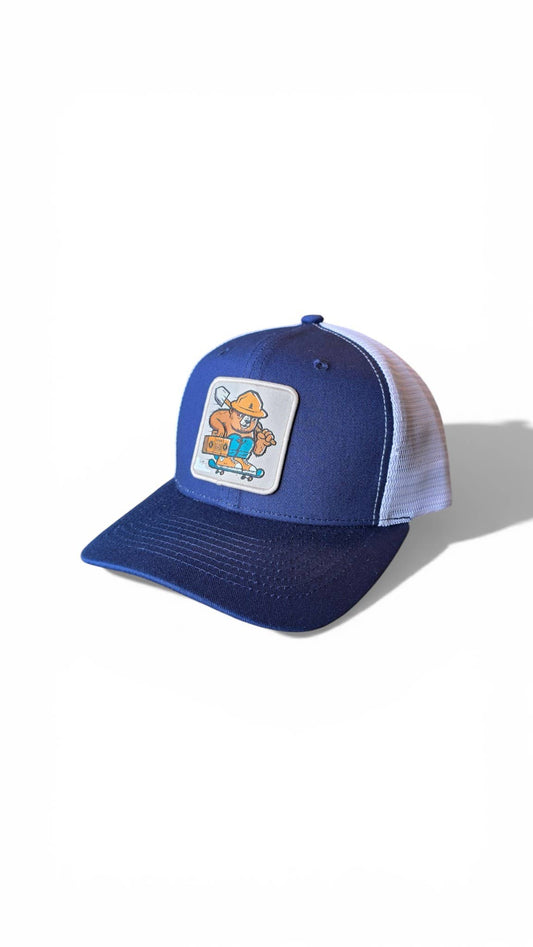 Smokey The Bear Hat - Trucker Snapback Mesh Back: Navy Blue on White Mesh