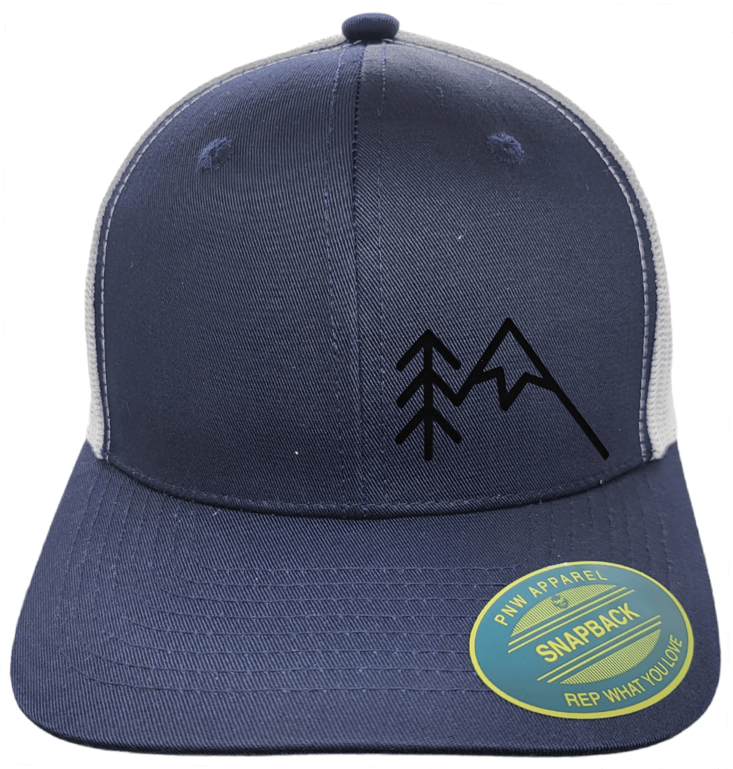 Mountains Trees Trucker Hat - Mesh Back Snapback Cap: Heather Grey on Black