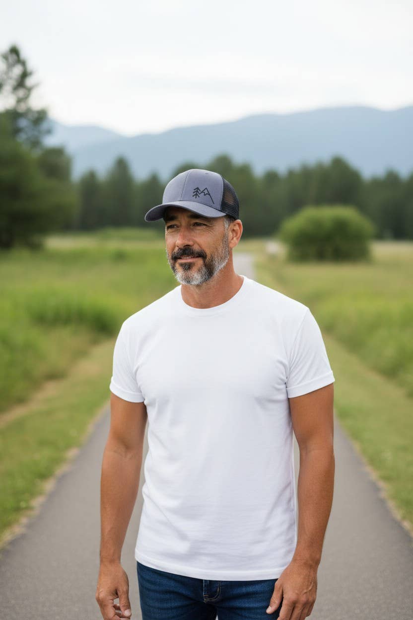 Mountains Trees Trucker Hat - Mesh Back Snapback Cap: Heather Grey on Black