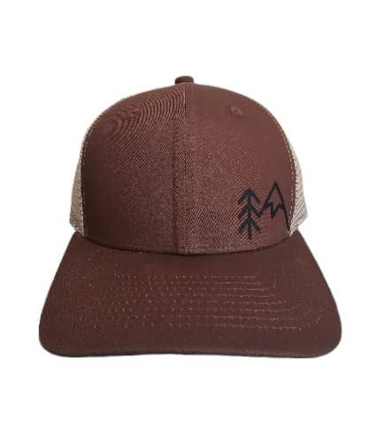 Mountains Trees Trucker Hat - Mesh Back Snapback Cap: Heather Grey on Black