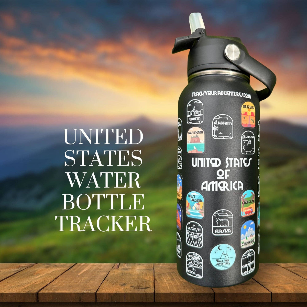 50 States Water Bottle with Stickers: Black