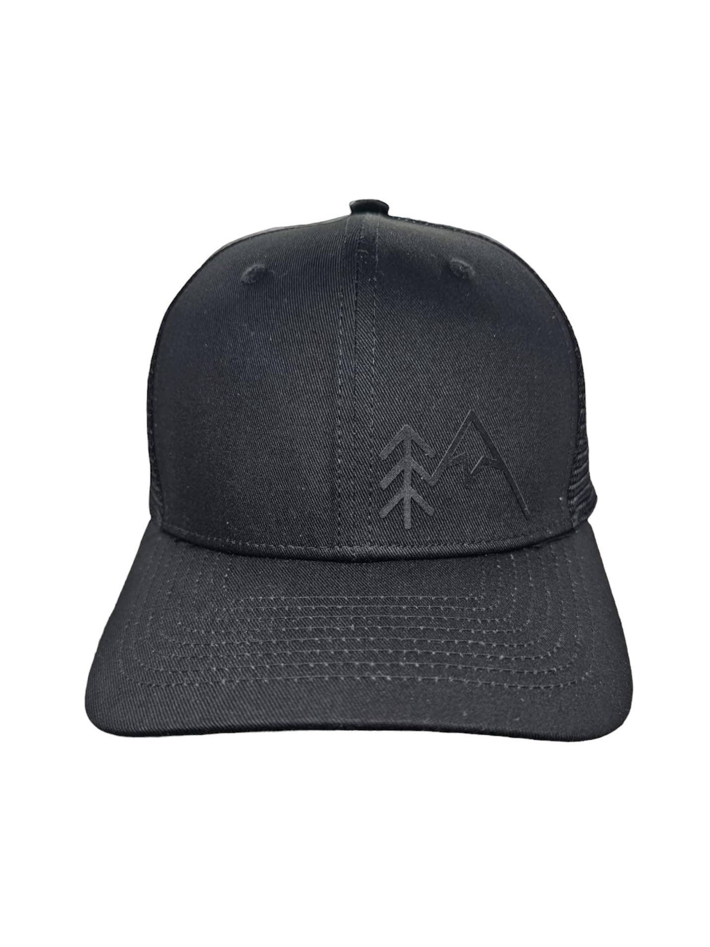 Mountains Trees Trucker Hat - Mesh Back Snapback Cap: Heather Grey on Black