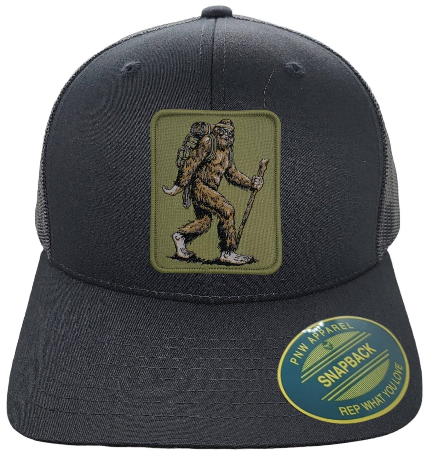 Sasquatch Trucker Hat: Grey on Black Mesh