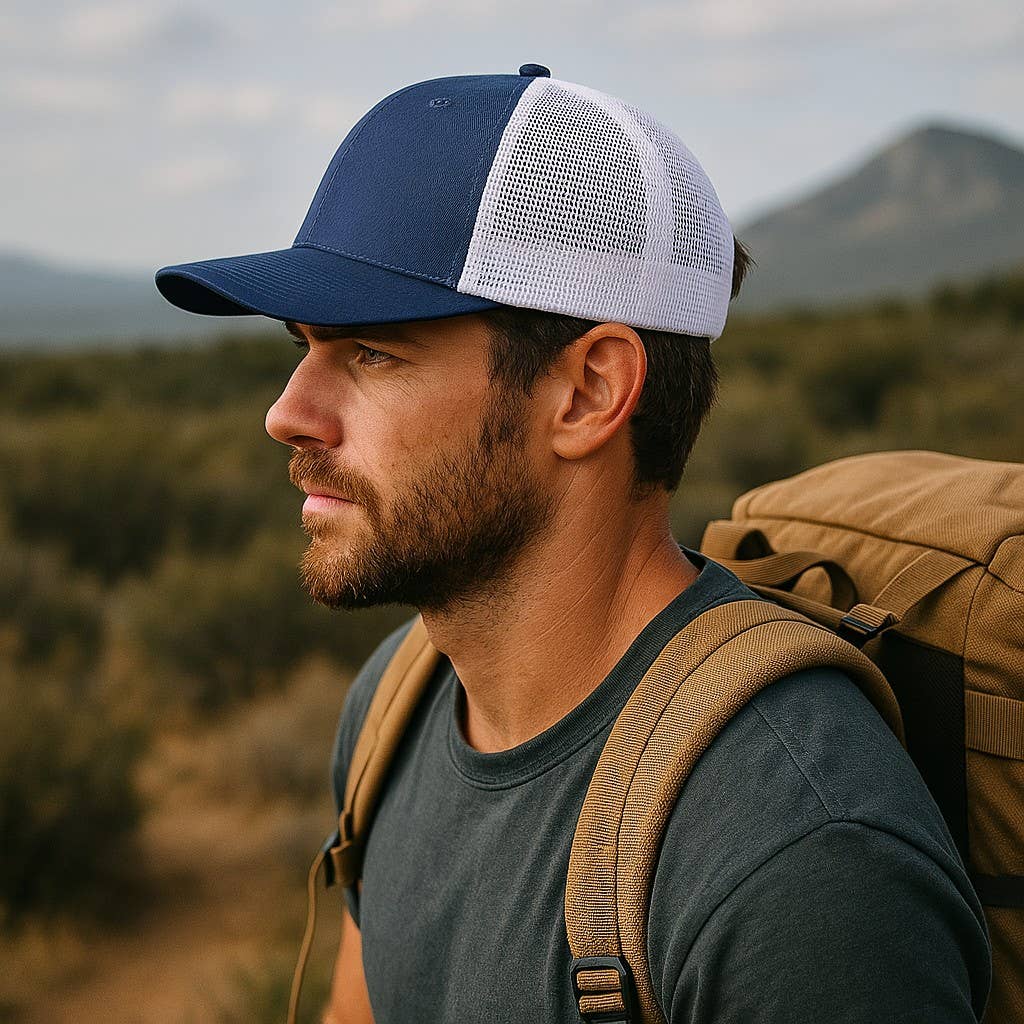 Mountains Trees Trucker Hat - Mesh Back Snapback Cap: Heather Grey on Black