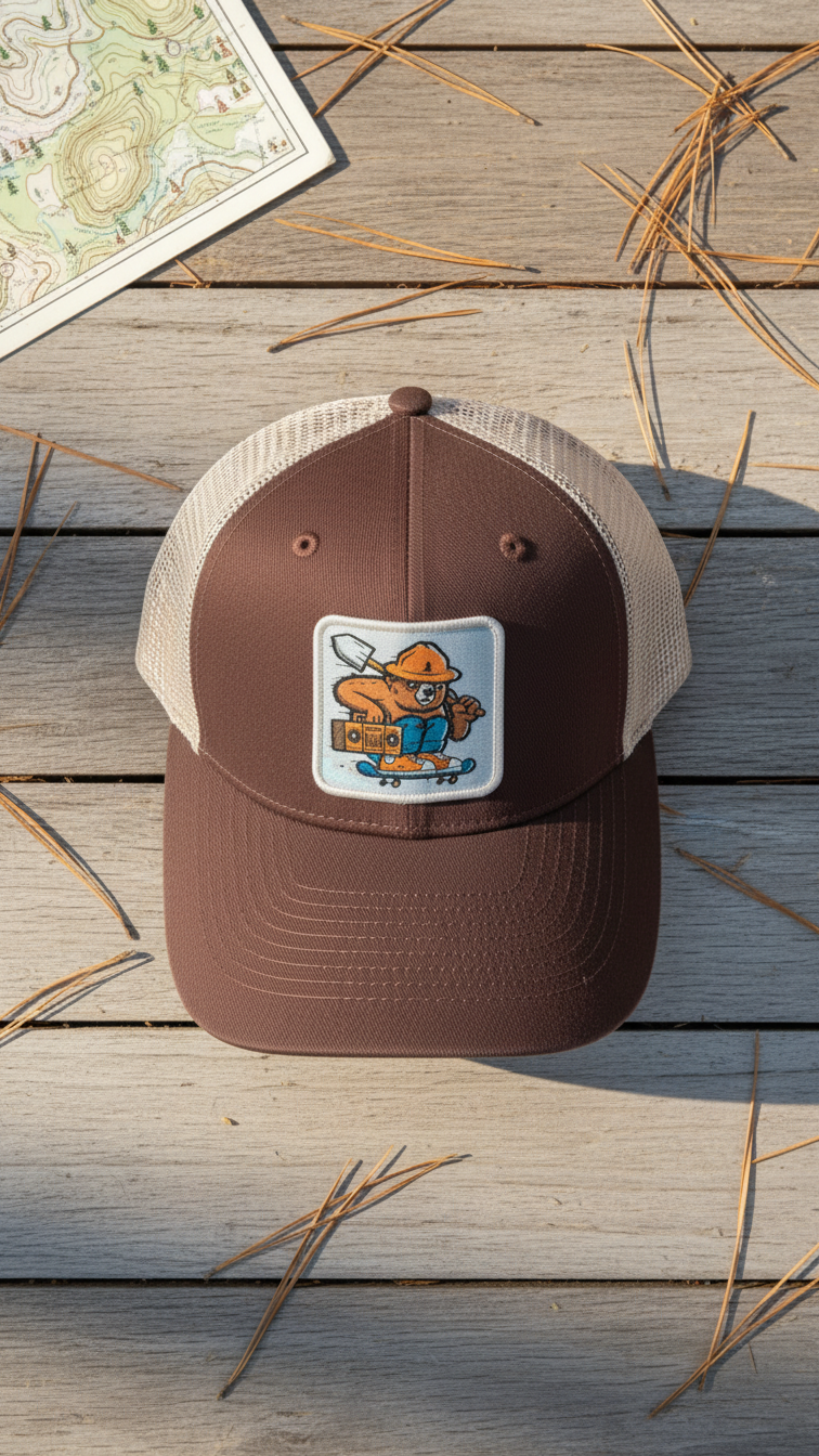 Smokey The Bear Hat - Trucker Snapback Mesh Back: Brown on Khaki