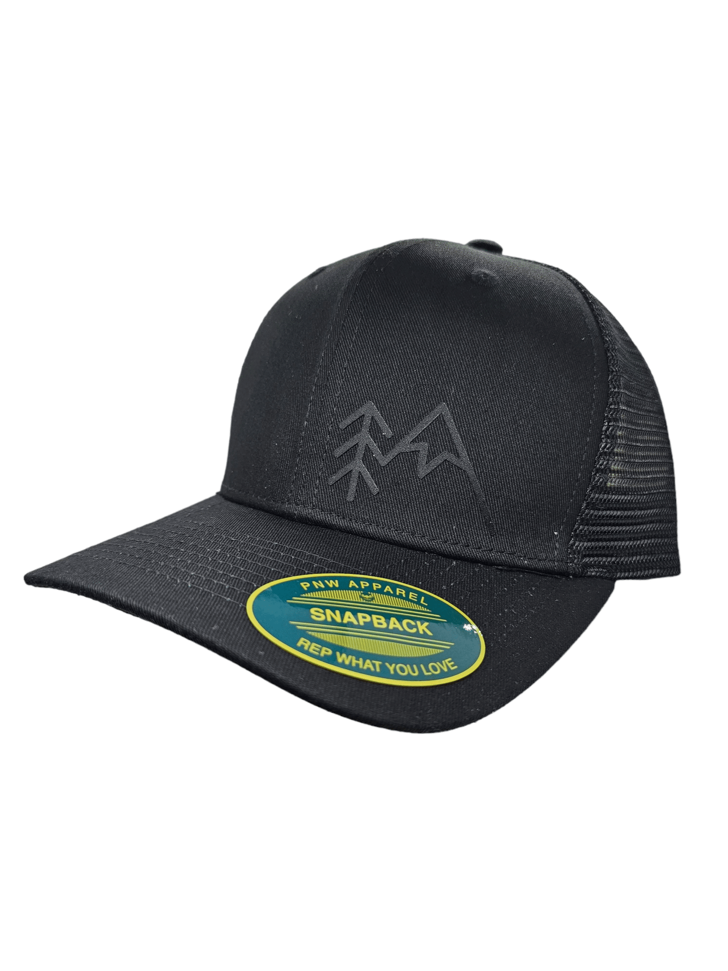 Mountains Trees Trucker Hat - Mesh Back Snapback Cap: Heather Grey on Black