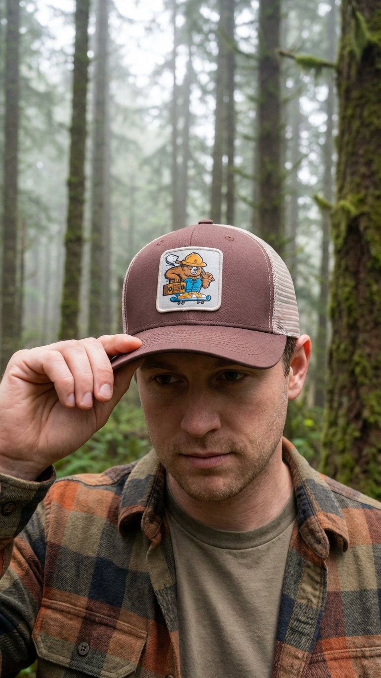 Smokey The Bear Hat - Trucker Snapback Mesh Back: Brown on Khaki