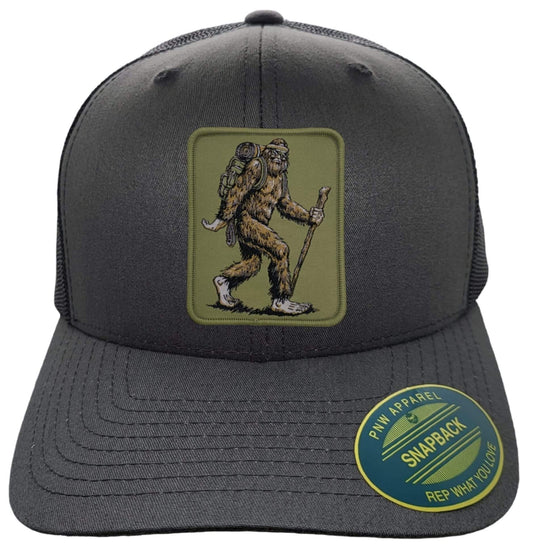 Sasquatch Trucker Hat: Grey on Black Mesh