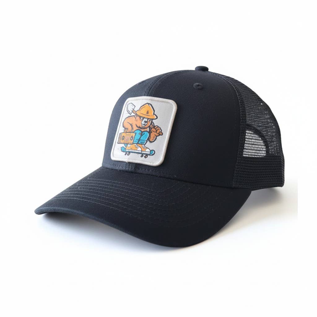 Smokey The Bear Hat - Trucker Snapback Mesh Back: Navy Blue on White Mesh