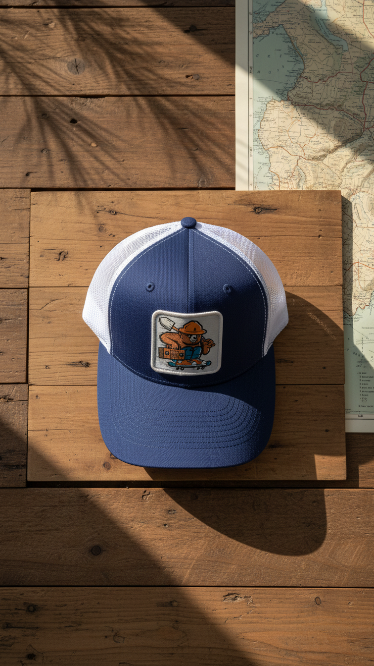 Smokey The Bear Hat - Trucker Snapback Mesh Back: Brown on Khaki