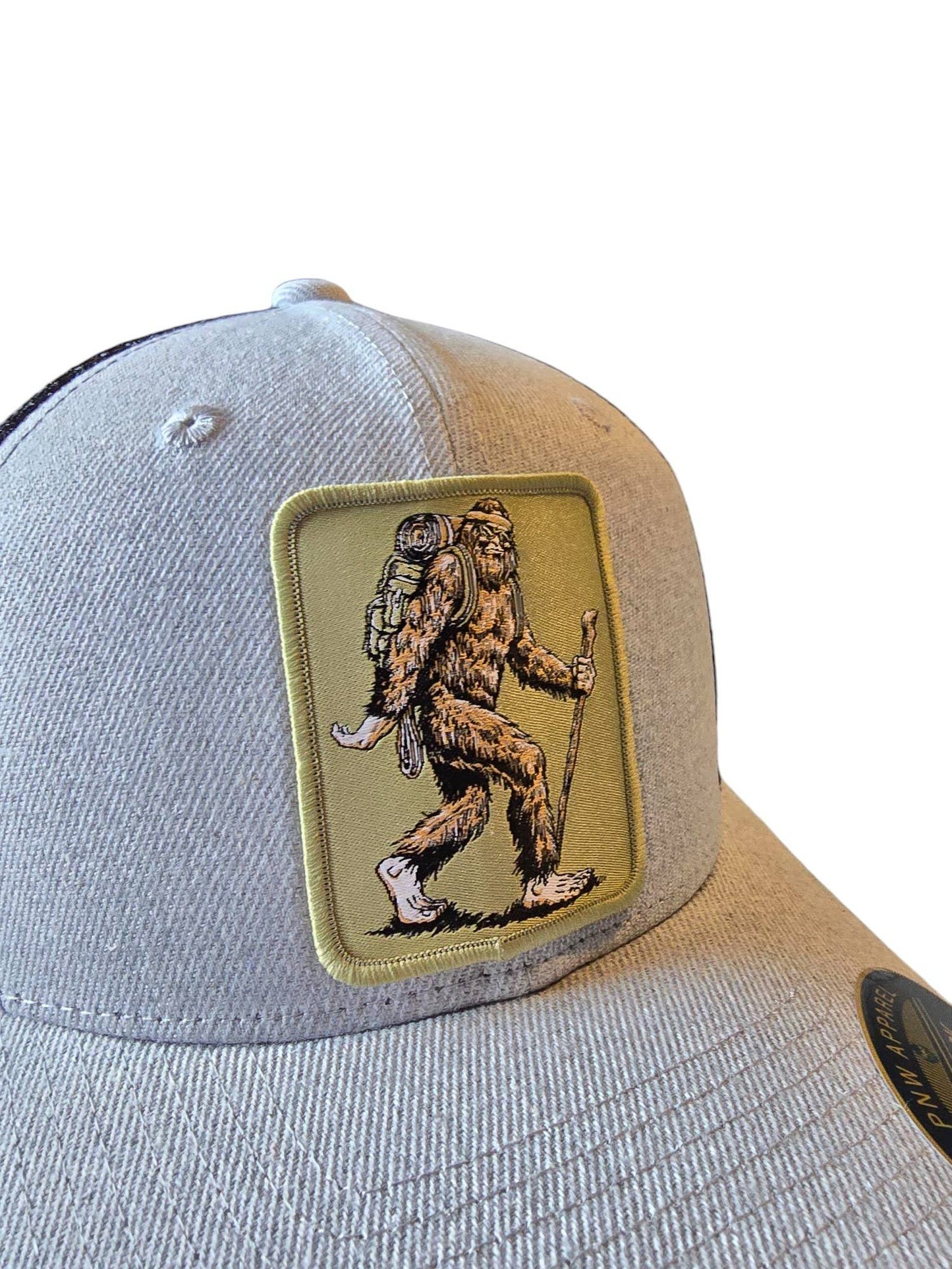 Sasquatch Trucker Hat: Grey on Black Mesh