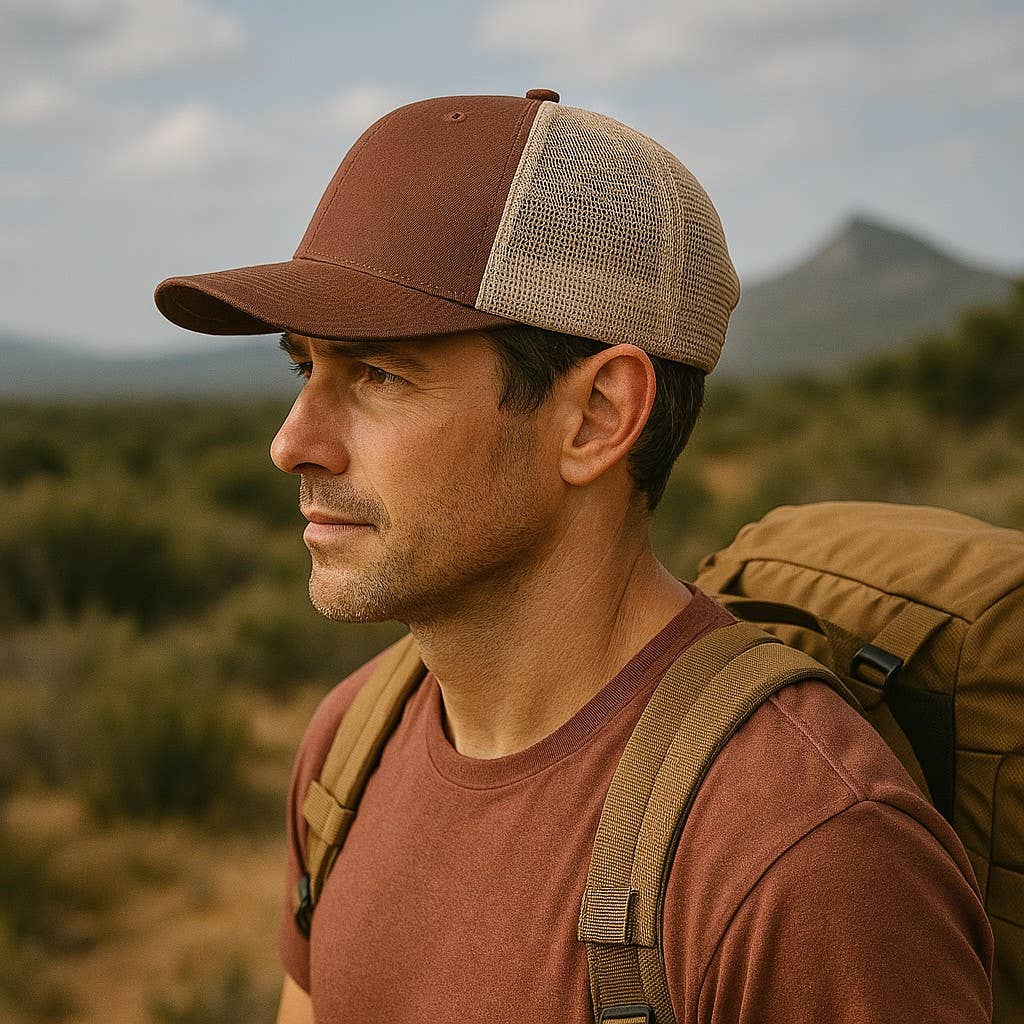 Mountains Trees Trucker Hat - Mesh Back Snapback Cap: Heather Grey on Black