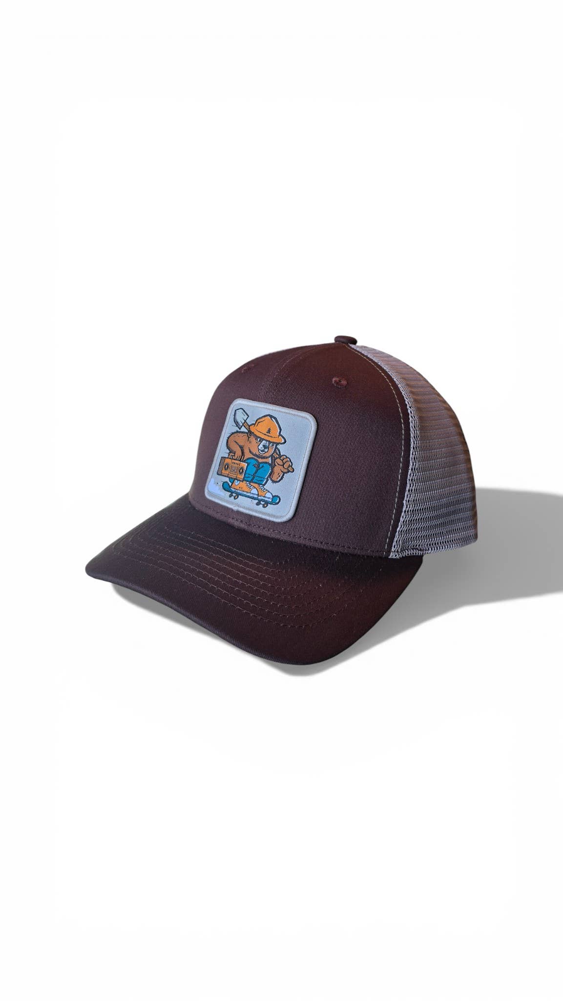 Smokey The Bear Hat - Trucker Snapback Mesh Back: Brown on Khaki